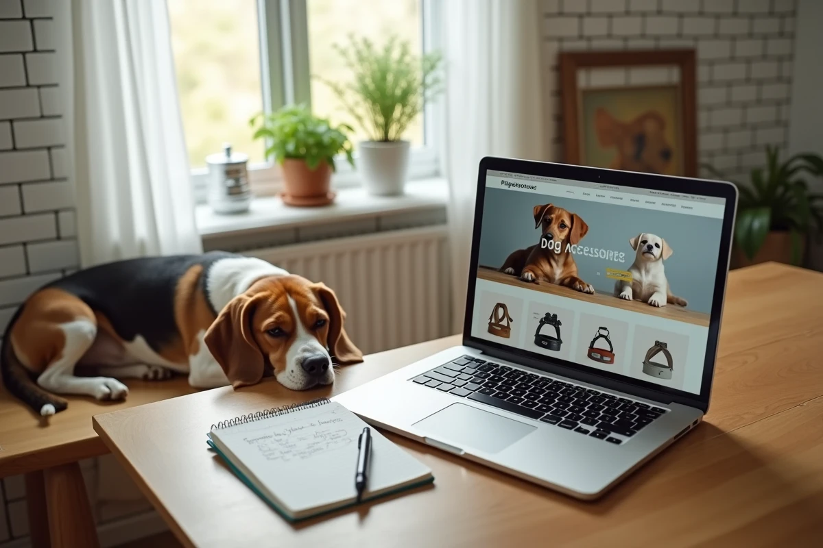 Comparaison en ligne de produits pour chien sur un site spécialisé depuis la maison, alternative à l'animalerie traditionnelle