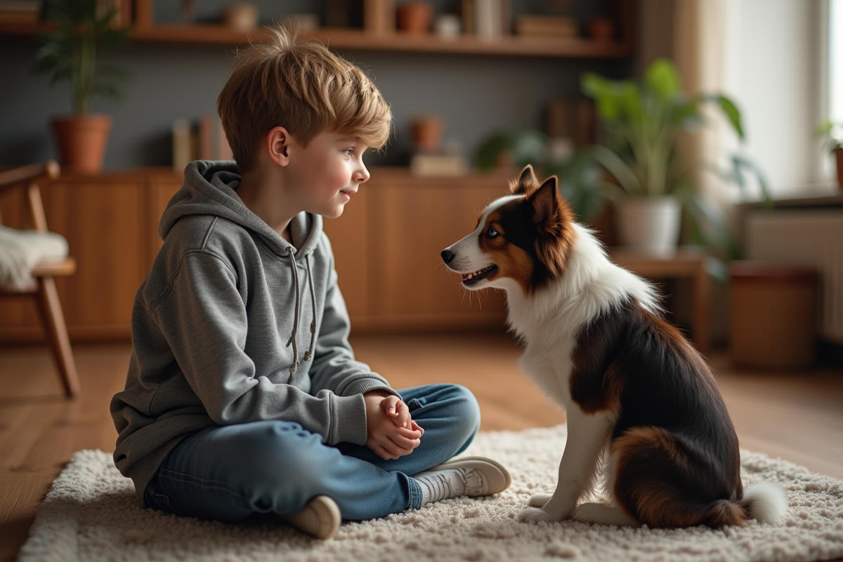 Adolescent en hoodie avec un border collie dans un salon chaleureux