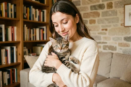 Jeune femme tenant un chaton tigré de 3 mois dans ses bras dans un appartement rennais chaleureux
