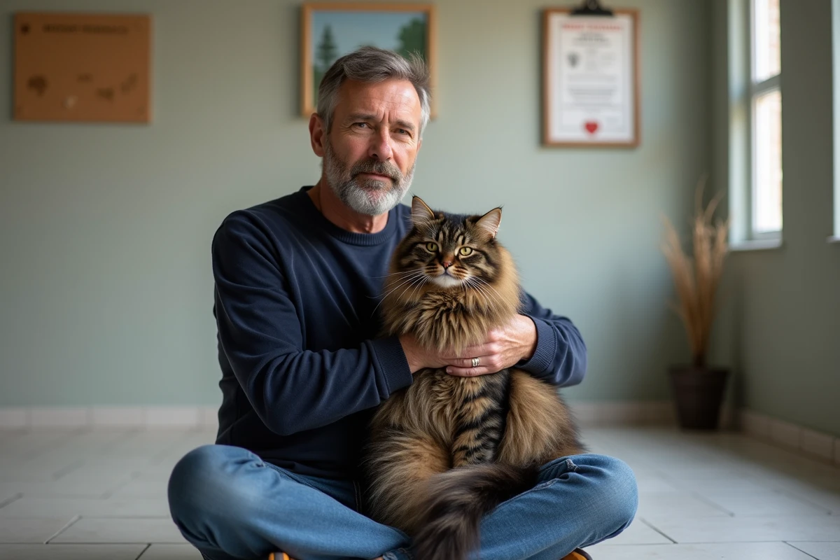 Homme tenant un chat de forêt norvégienne aux longs poils lors d'une visite dans un élevage félin sérieux