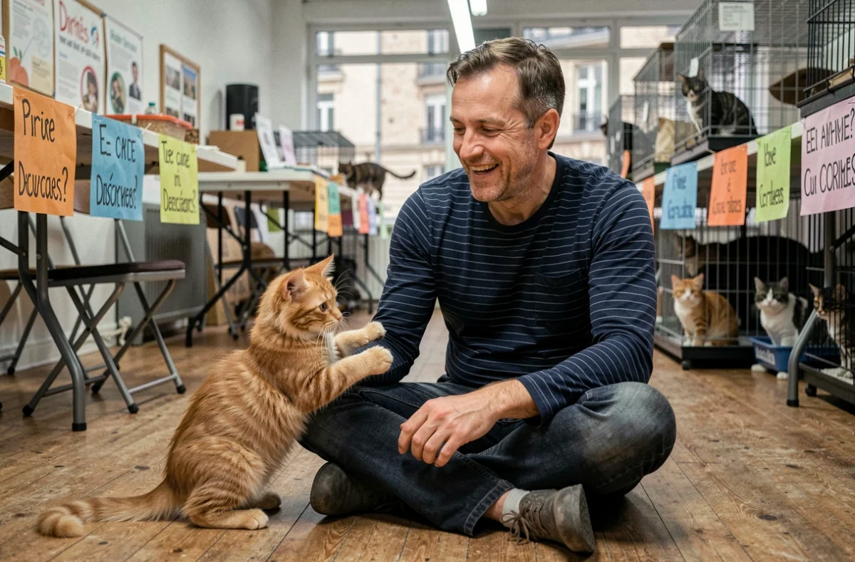 Homme adoptant un chaton roux dans un refuge animalier lors d'une journée d'adoption à Rennes