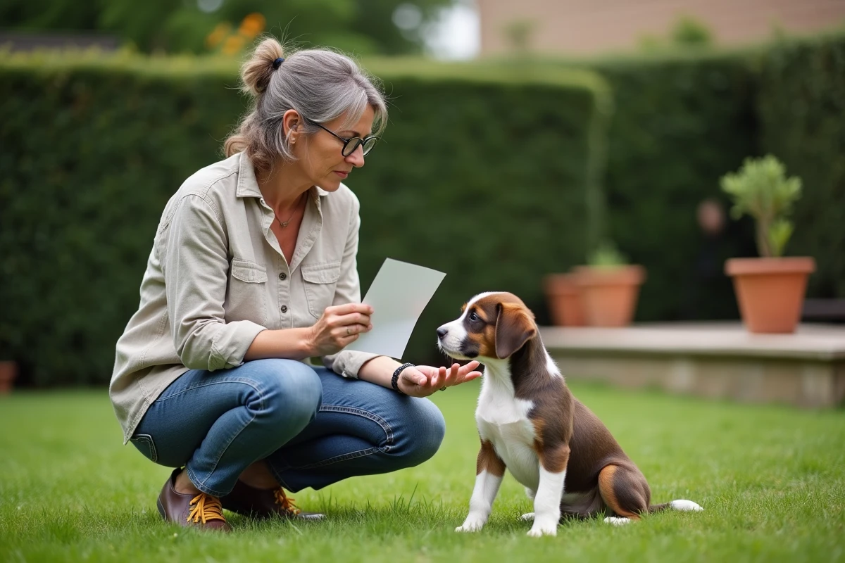 Femme tenant un formulaire d'adoption pour un chiot à donner en Gironde dans un jardin résidentiel