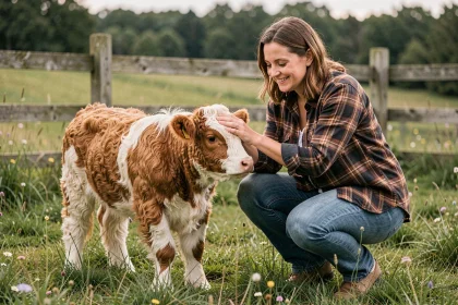 Femme adoptant une mini vache fluffy dans un pré verdoyant à la ferme