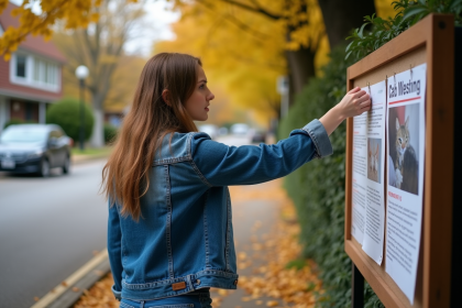 Jeune femme affichant un poster de chat perdu dans le quartier