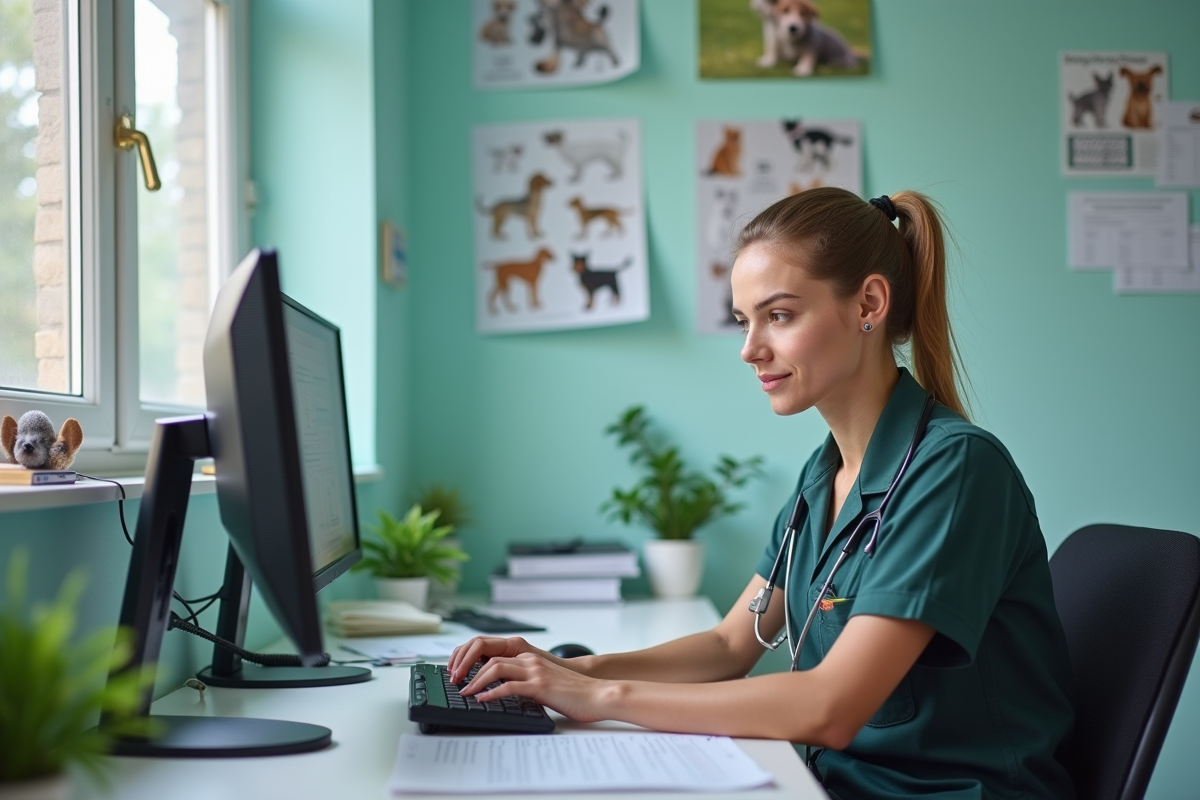 Agent animalier travaillant sur un ordinateur dans un bureau SPA lumineux