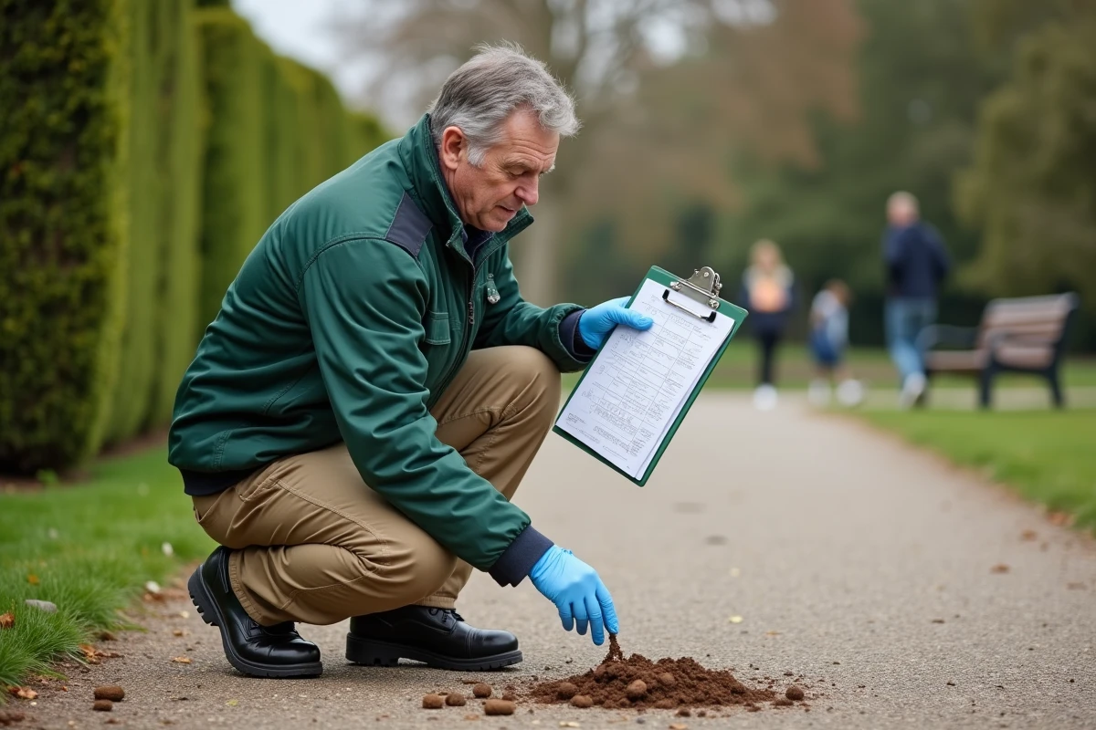 Agent municipal en uniforme inspectant des déjections de sanglier dans un parc avec clipboard et gants