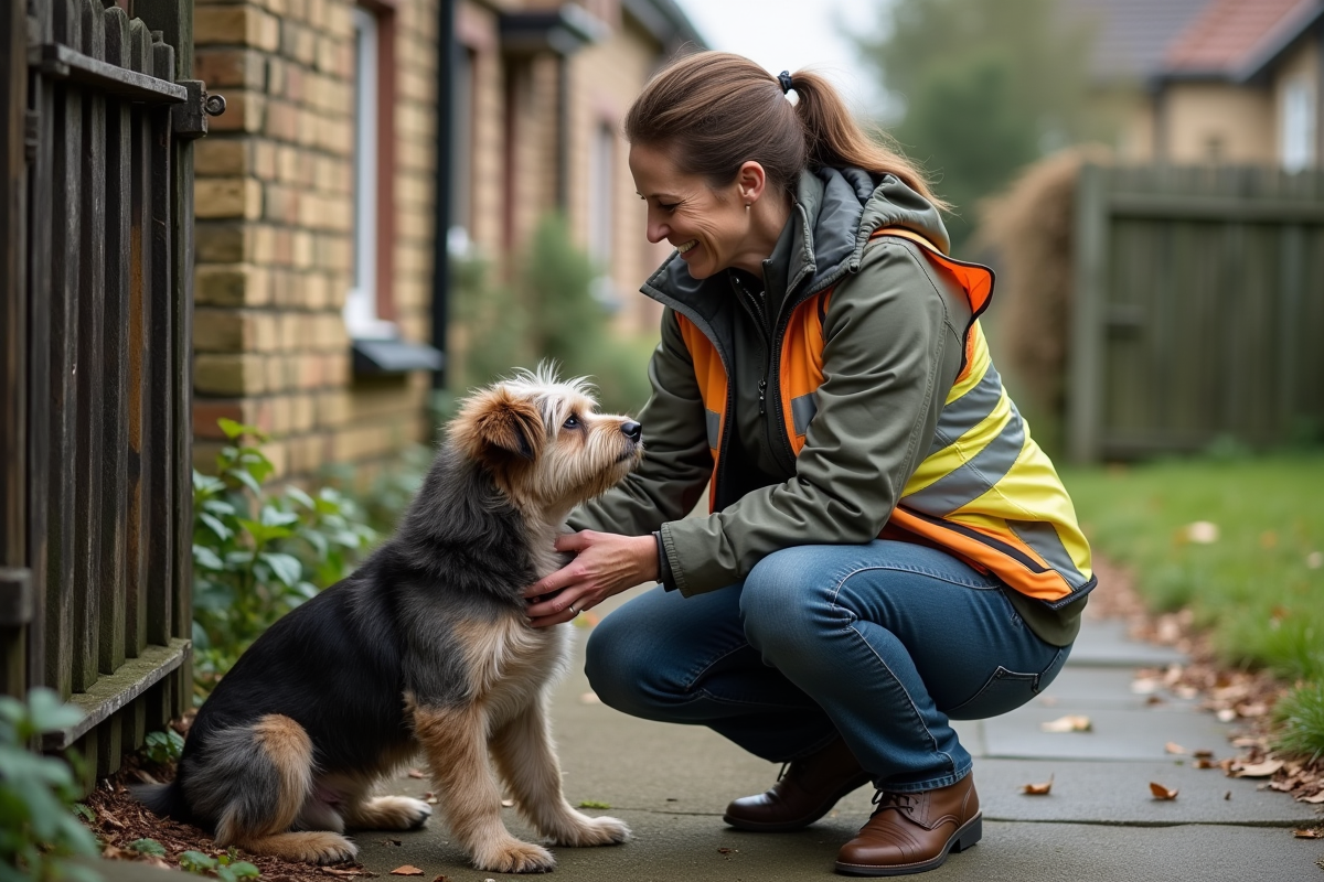 Femmes aidant un chien effrayé dans un cadre suburbain