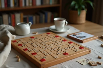 Plateau de jeu de société avec tuiles de lettres formant des noms d'animaux en N comme narval et nandou sur une table en bois