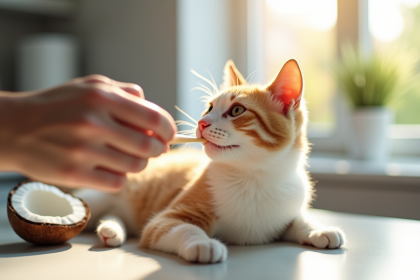 Main douce appliquant huile de coco sur les gencives du chat