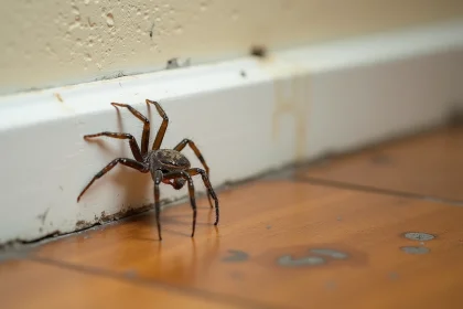 Araignée domestique en gros plan dans un coin de plinthe, illustrant les conditions de vie des araignées à la maison
