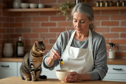 Femme préparant une dose d'argent colloïdal dans un bol en céramique pour son chat tabby dans une cuisine naturelle