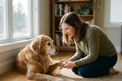 Femme d'âge moyen examinant la patte de son golden retriever senior dans un salon cosy, illustrant l'importance de l'assurance santé animale pour les chiens vieillissants