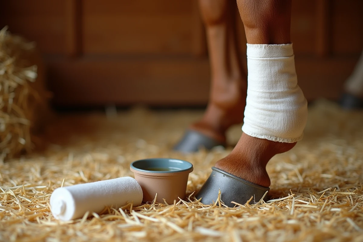 Jambe de cheval bandée avec cataplasme maison posée sur de la paille dans une écurie, remède naturel pour engorgement