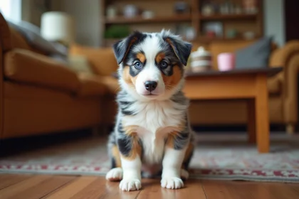 Bébé Berger Australien assis sur un parquet en bois dans un salon familial, regardant vers le haut avec des yeux expressifs