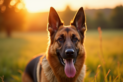 Chien berger allemand en plein champ en lumière dorée