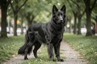 Berger Allemand noir adulte en plein air dans un parc urbain, debout en position d'alerte sur un chemin herbeux