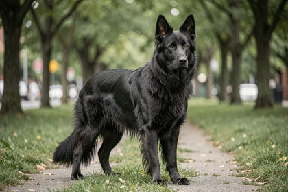 Berger Allemand noir adulte en plein air dans un parc urbain, debout en position d'alerte sur un chemin herbeux