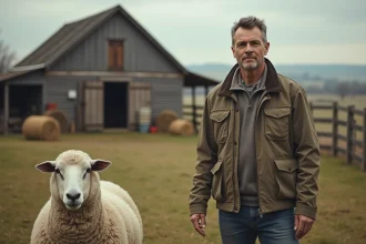 Homme d'âge moyen avec mouton dans une ferme rustique