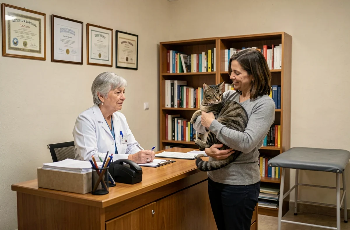 Vétérinaire Isabelle Blaszczyk en consultation avec une propriétaire de chat dans son cabinet à Toulouse