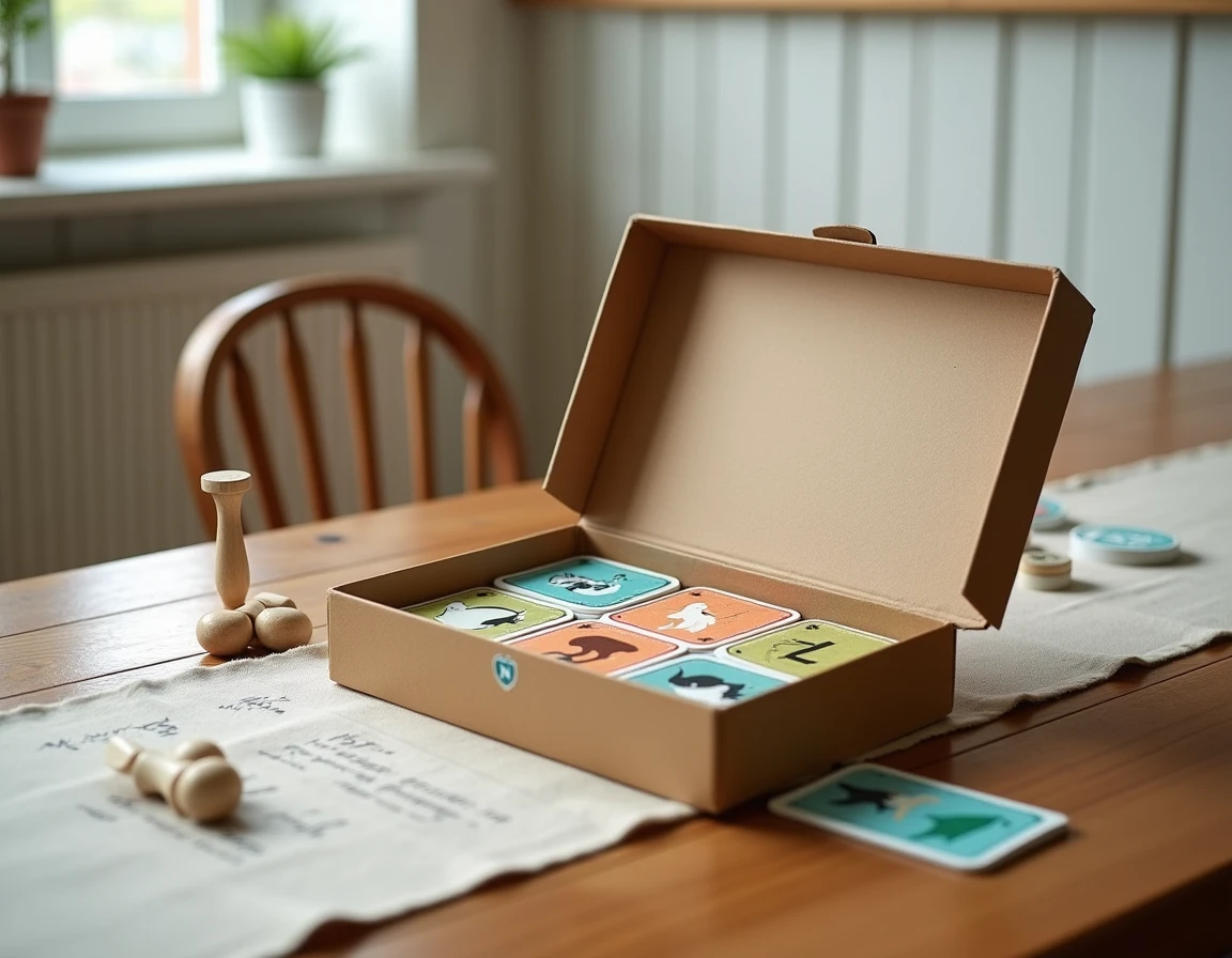 Boîte de jeu de société ouverte avec cartes illustrées d'animaux en N comme narval et triton sur une table en bois scandinave