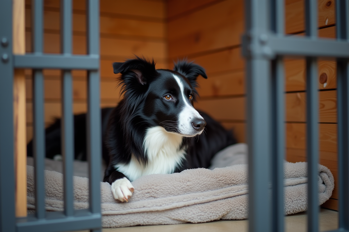 Border collie noir et blanc allongé dans un kennel intérieur