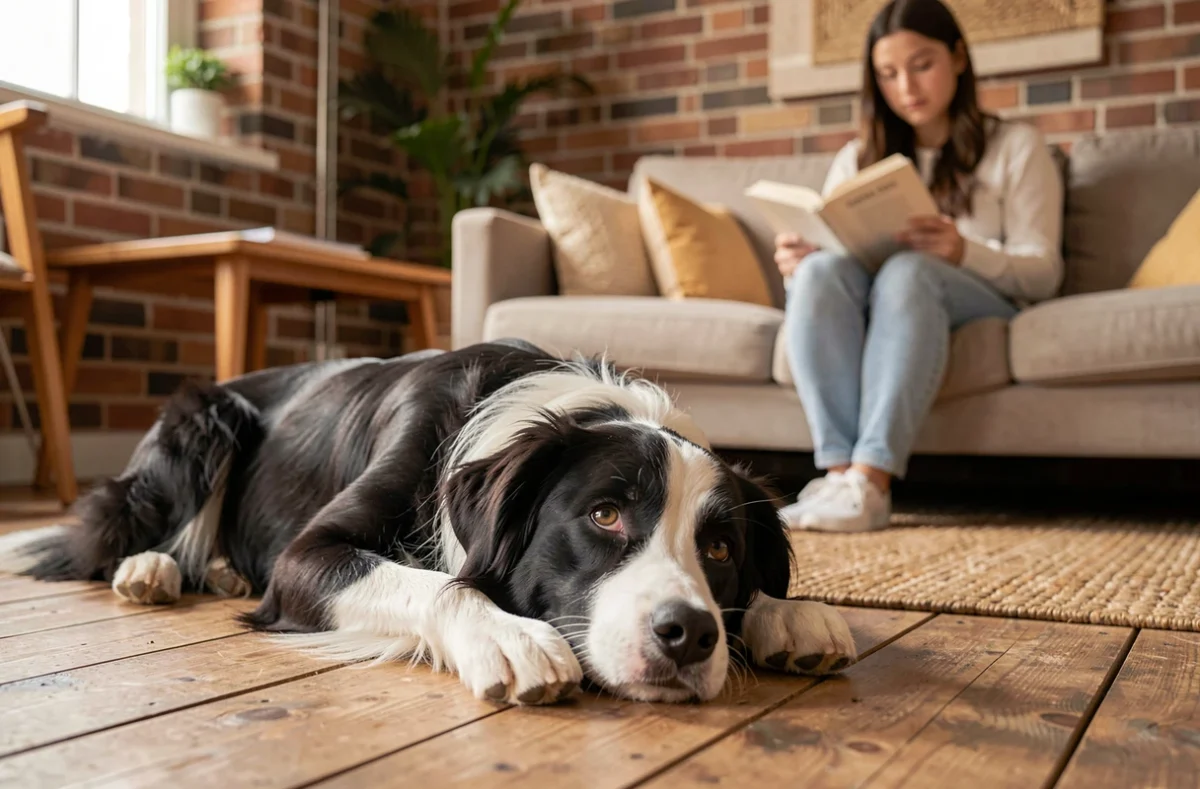 Border Collie noir et blanc à poil court allongé sur un plancher en bois aux côtés d'une jeune femme dans un intérieur chaleureux