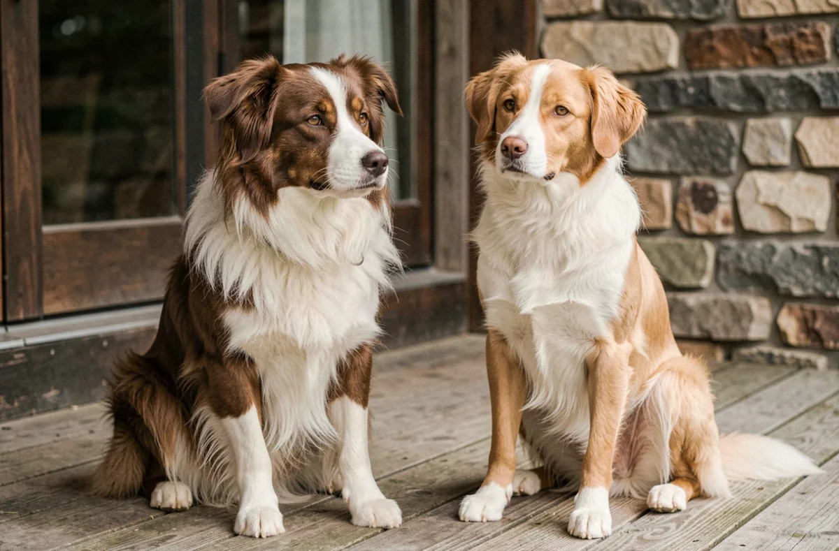 Comparaison côte à côte d'un Border Collie poil long et d'un Border Collie poil ras assis sur un porche en bois