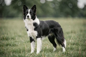 Border Collie poil ras debout dans un champ, silhouette athlétique avec pelage court noir et blanc bien défini