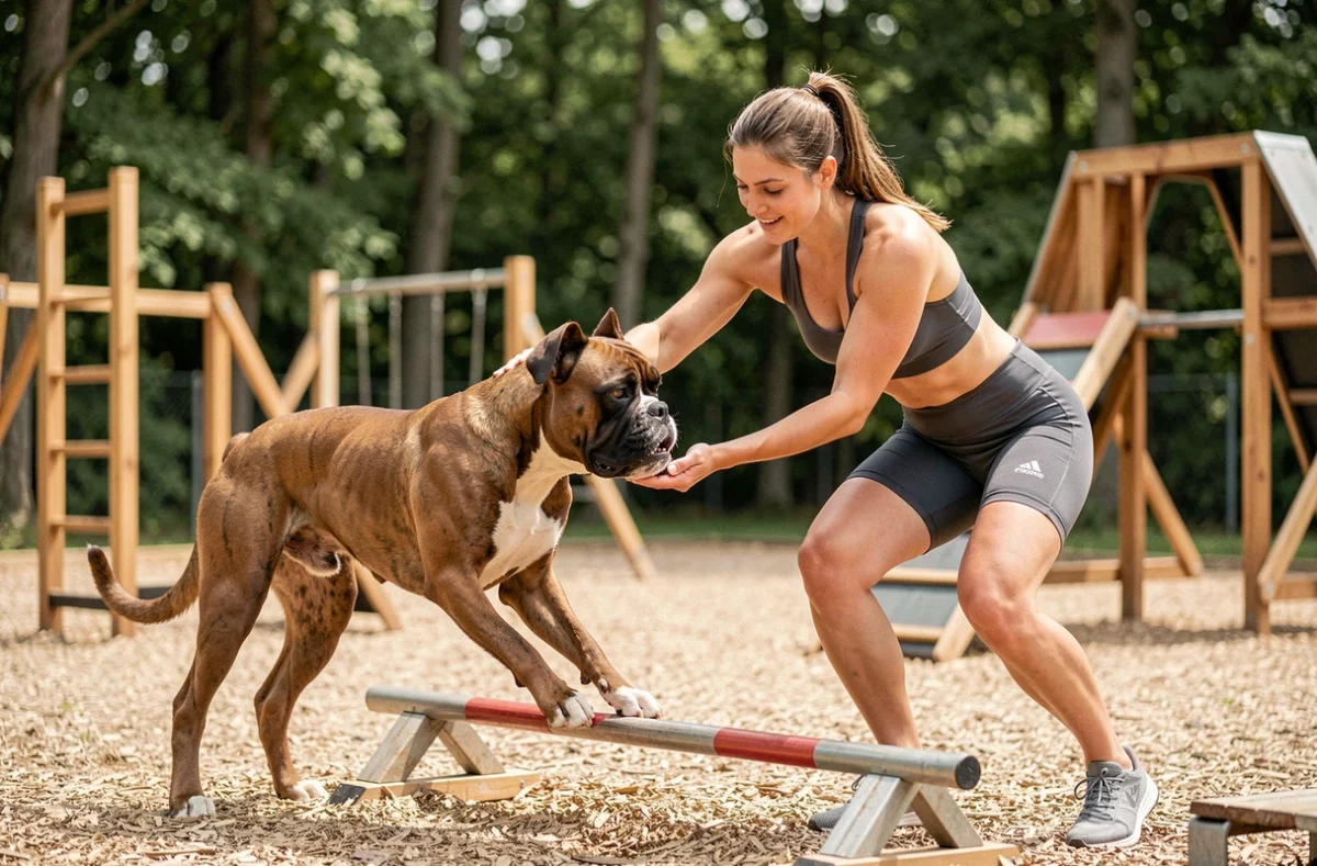 Une éducatrice de Bordog Education Et Fitness guidant un boxer lors d'un exercice de fitness canin en plein air en Gironde