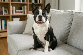 Boston Terrier noir et blanc à poil court assis sur un canapé gris dans un salon familial moderne