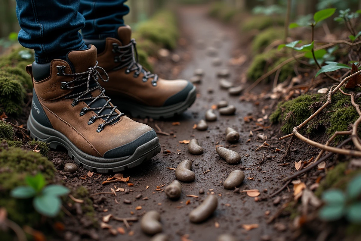 Bottes de randonnée près de traces d