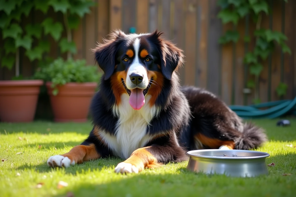 Bouvier bernois au pelage épais se reposant à l'ombre dans un jardin avec un bol d'eau fraîche