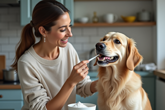Femme brossant dents de son chien golden retriever