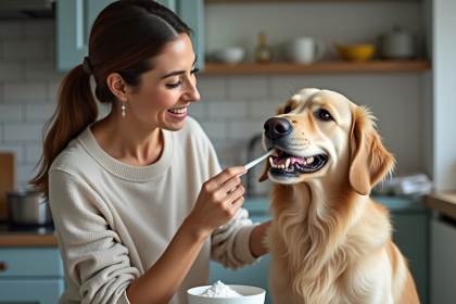 Femme brossant dents de son chien golden retriever
