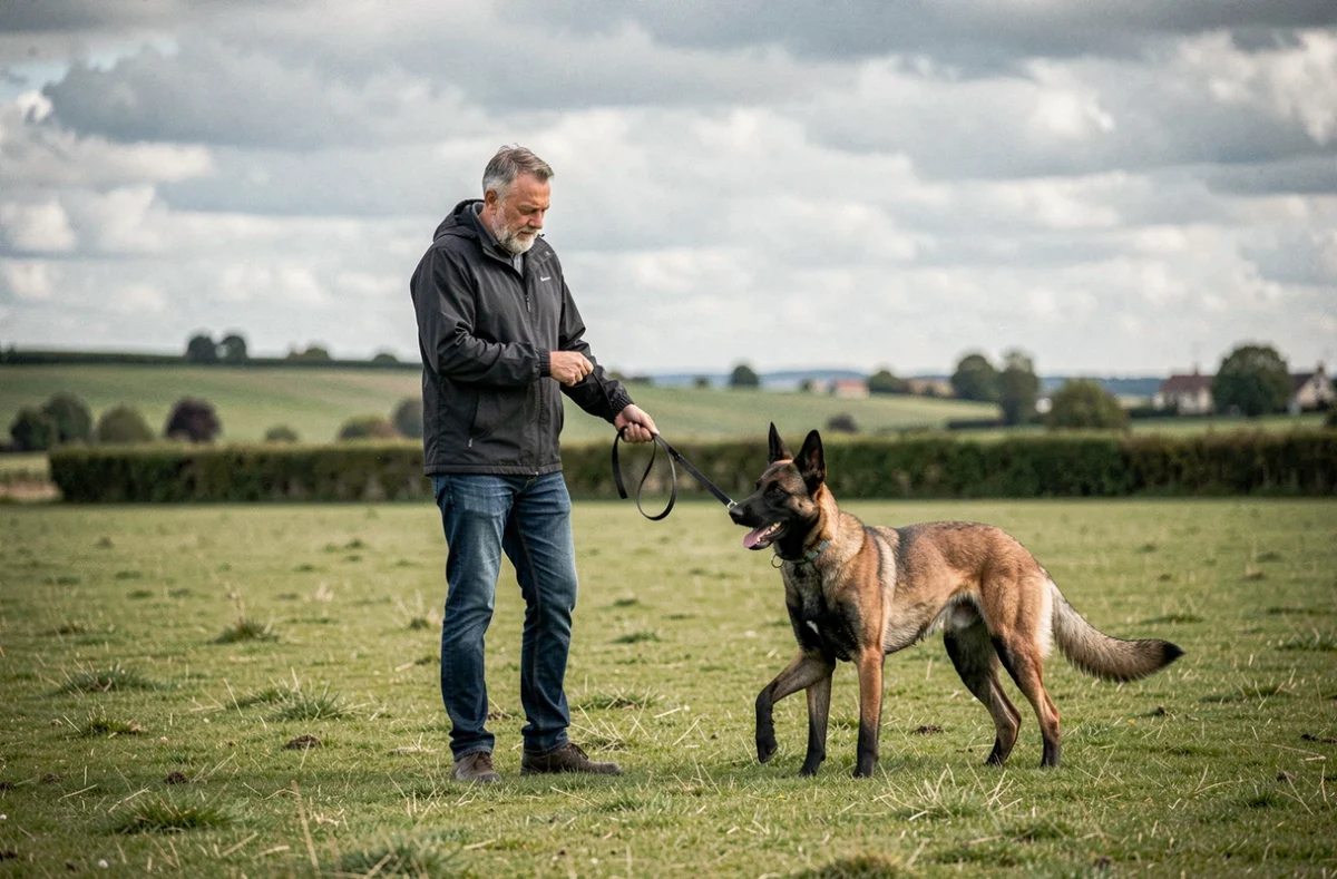 Un éducateur de Canicaro réalisant un exercice de rappel avec un Malinois dans la campagne girondine