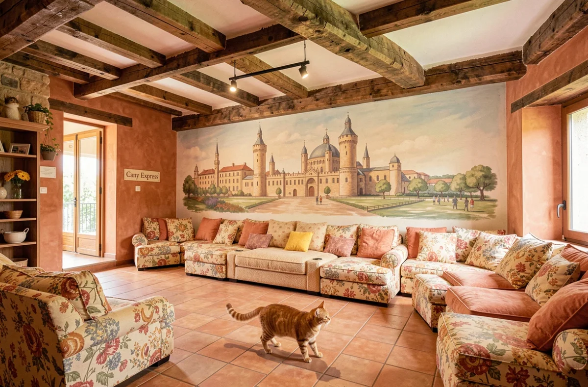 Un chat tabby roux jouant dans la salle commune de Cany Express à Avignon, décorée d'un mural représentant le Palais des Papes