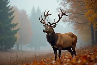 Cerf élaphe en train de bramer en lisière de forêt automnale brumeuse, souffle visible dans l'air frais du matin