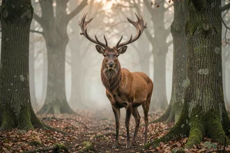 Cerf majestueux à l'orée d'une forêt brumeuse, symbolisant la spiritualité et la connexion avec la nature