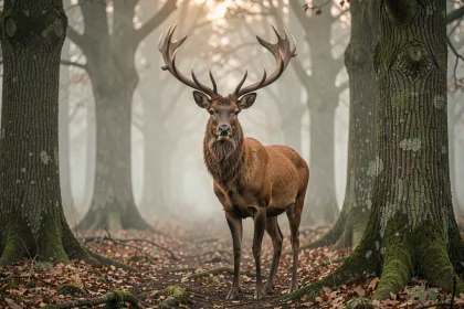 Cerf majestueux à l'orée d'une forêt brumeuse, symbolisant la spiritualité et la connexion avec la nature