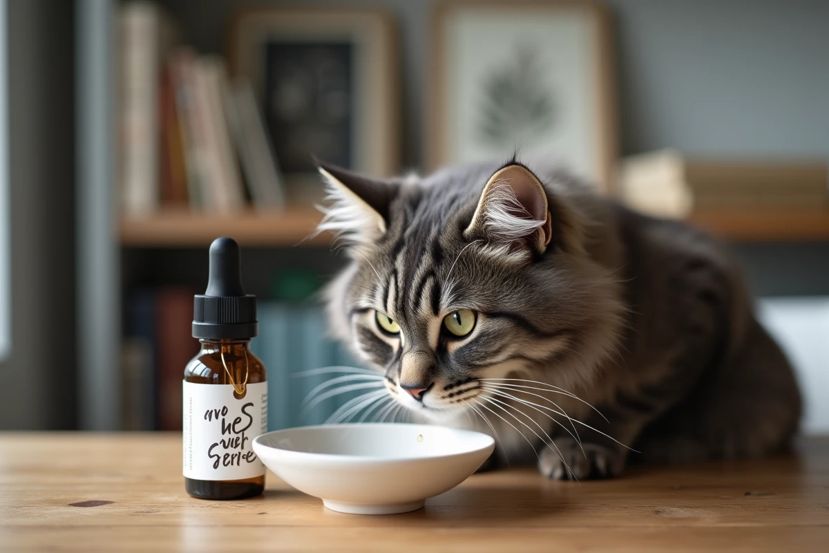 Chat gris reniflant une coupelle d'argent colloïdal posée sur une table en bois avec flacon compte-gouttes artisanal