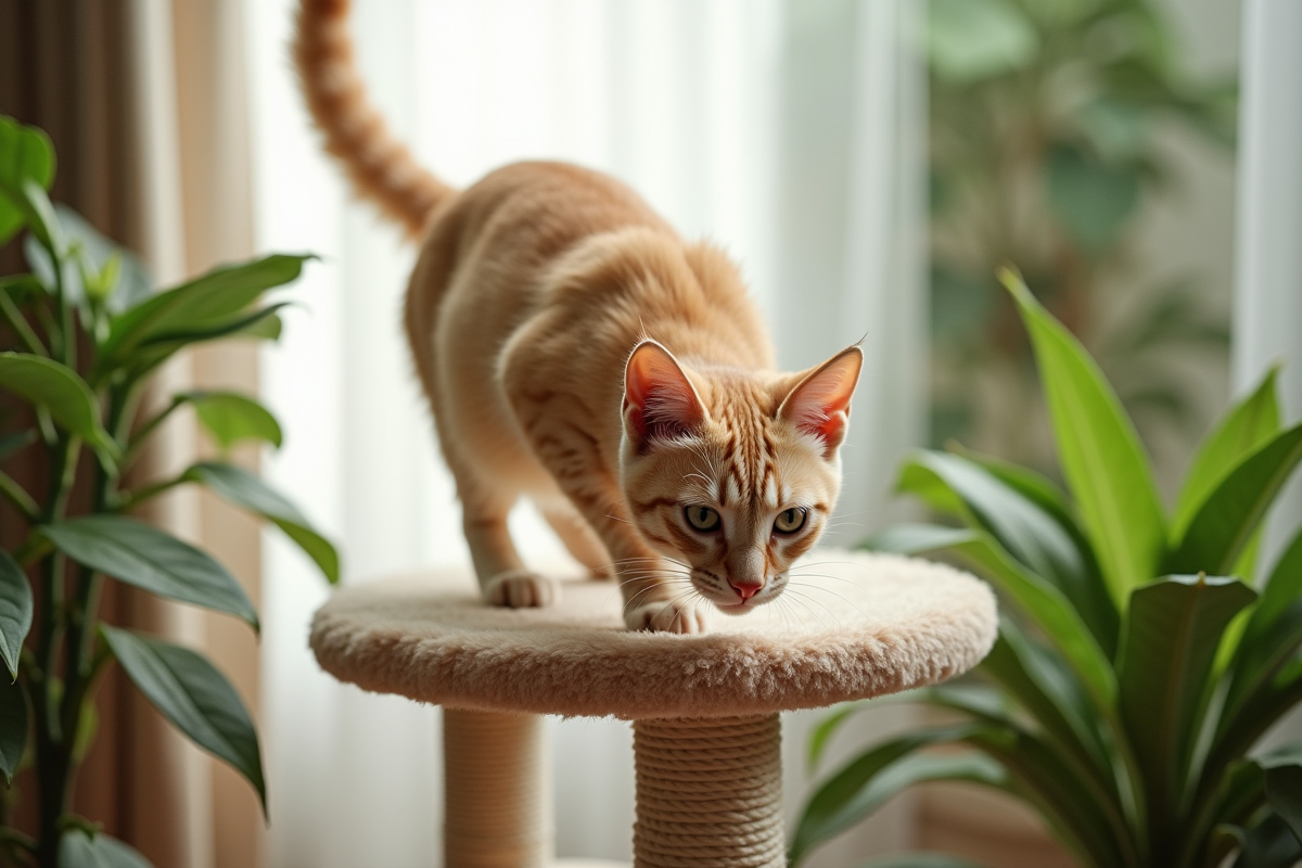 Chat beige explorant un arbre à chat avec plantes vertes