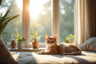 Chat beige relaxant sur un siège près d'une fenêtre lumineuse
