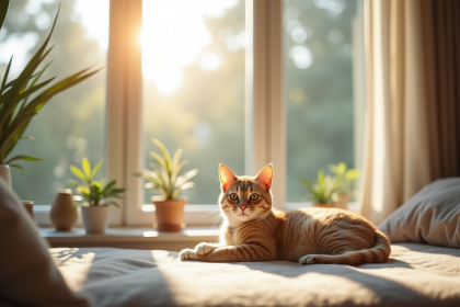 Chat beige relaxant sur un siège près d'une fenêtre lumineuse