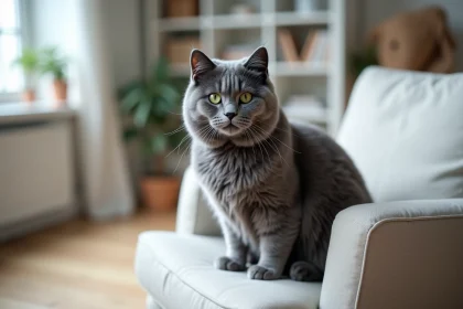 Chat bleu de Russie adulte aux yeux verts assis sur un fauteuil en lin dans un salon scandinave épuré