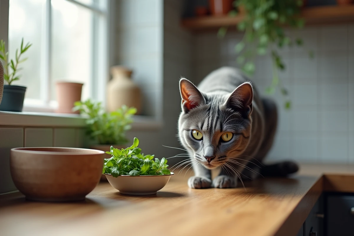 Chatte bleue de Russie curieuse reniflant des herbes fraîches sur un plan de travail en bois dans une cuisine moderne
