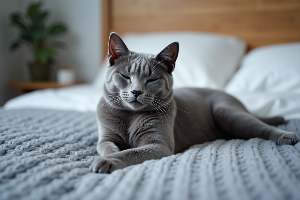 Chat bleu de Russie allongé sur une couverture en laine grise dans une chambre, exprimant calme et confiance
