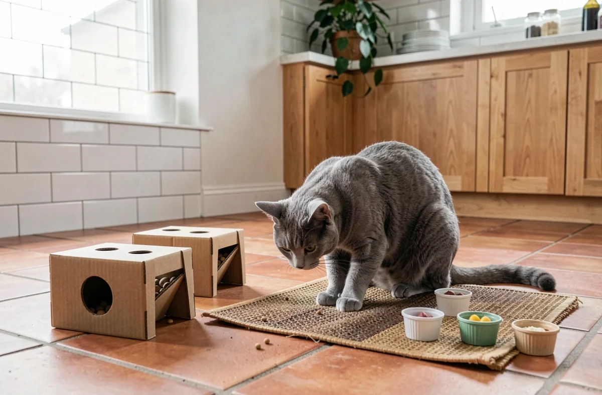 Chat british shorthair gris explorant des jouets d'enrichissement et des puzzles alimentaires sur le sol d'une cuisine moderne