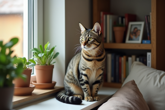 Chat domestique sur une fenêtre dans un salon chaleureux