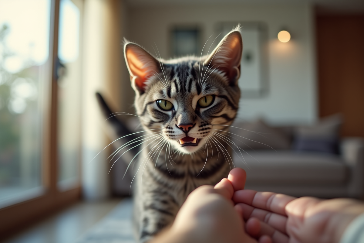 Chat gris hurlant avec oreilles en arrière dans un salon lumineux