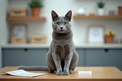 Chat Korat adulte assis dans un élevage sérieux avec documents de pedigree visibles sur une table en bois